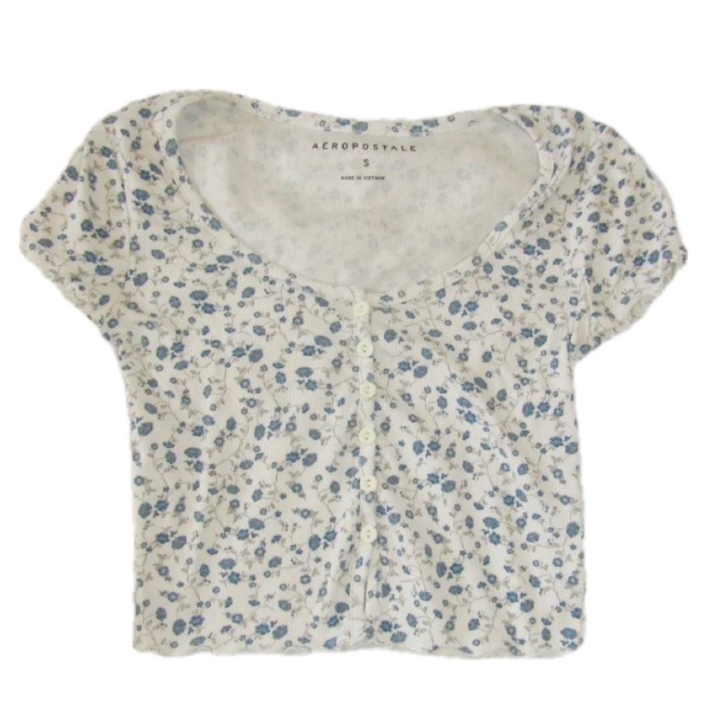 Aeropostal blue and white flower button down cropped tee